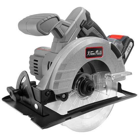 Close-up of 20V Max Brushless Cordless Combo Kit saw component, featuring circular blade and ergonomic handle.