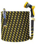 100 ft non-expanding braided garden hose with jet nozzle, yellow/black fabric and brass connectors