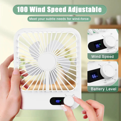 Hands adjusting the Six Point Eight Inch Portable Personal Desk Fan With Rechargeable Battery Adjustable Zero To One Hundred Speed Control LED Real Time Speed Display Quiet Sleep And Desk Fan For Office Bedroom Travel On Cruise Ships Or Beach Vacations