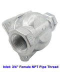 Close-up of natural gas pressure regulator with 3/4 inch FNPT inlet and silver metal body