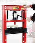 Heavy Duty 20 Ton Hydraulic Shop Press, Adjustable H Frame Floor Press With Thick Steel Plates For Shop Dogs And Metal Straightening, Rock Solid Red Build in use with jack handle.