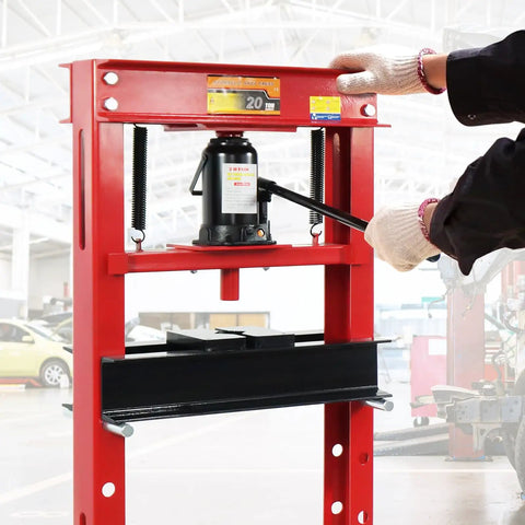 Heavy Duty 20 Ton Hydraulic Shop Press, Adjustable H Frame Floor Press With Thick Steel Plates For Shop Dogs And Metal Straightening, Rock Solid Red Build in use with jack handle.
