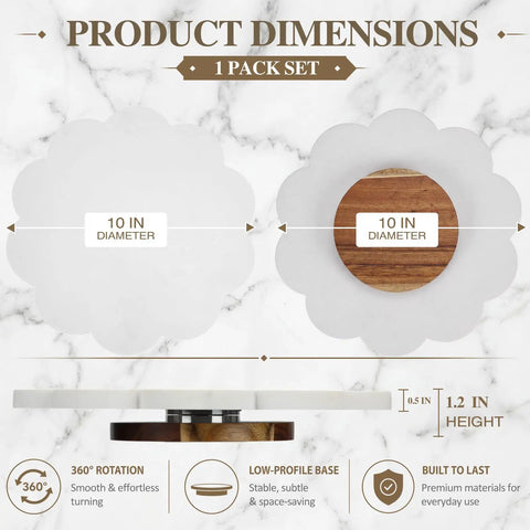 10 Inch Scalloped Marble Lazy Susan Hella Smooth Spinning Kitchen Turntable For Spices Oils And Condiments with dimensions on marble background.