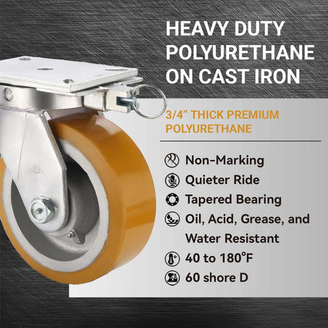 Extra Heavy Duty Kingpinless Swivel Plate Casters With 8 Inch Polyurethane Over Iron Wheels Deliver 16000 Lbs Load Rating Four Pack setup showing caster details.
