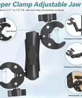 Double Clamp Umbrella Camera Pole With 360 Degree Ball Head and Magic Socket Arm showing adjustable jaw sizes from 0.71 to 1.5 inches.
