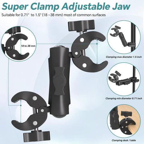 Double Clamp Umbrella Camera Pole With 360 Degree Ball Head and Magic Socket Arm showing adjustable jaw sizes from 0.71 to 1.5 inches.