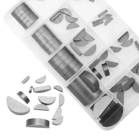 Garage Grade 75 Piece Woodruff Key Set With 15 Sizes Semicircle Half Moon Keyways For Shafts And Cranks In Automotive And Industrial Machinery Tools Carbon Steel Corrosion Resistant 5 Of Each Size Pack displayed in plastic organizer