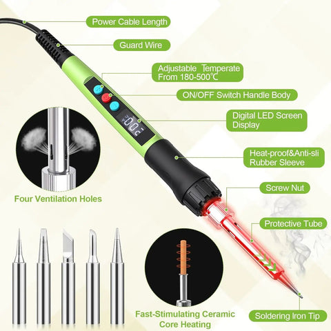 100W LED Digital Soldering Iron Kit with Ceramic Heater, digital LED display, and multiple tips shown, for hobby and repair.