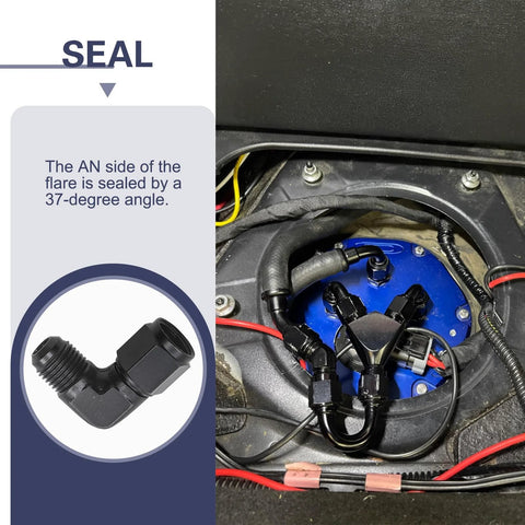 Two black aluminum 6AN female to 3/8 barb 90-degree hose fittings; automotive fuel system installed near blue regulator
