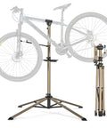 Heavy Duty Bike Repair Stand For Home Shop And Pro Mechanics Adjustable Bicycle Workstand with bike setup and folded view