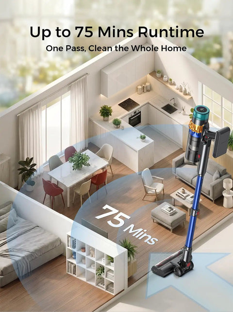 Badass Cordless Vacuum Cleaner With Smart Auto Mode in a modern home setting, showcasing 75 mins runtime for effective daily cleaning.
