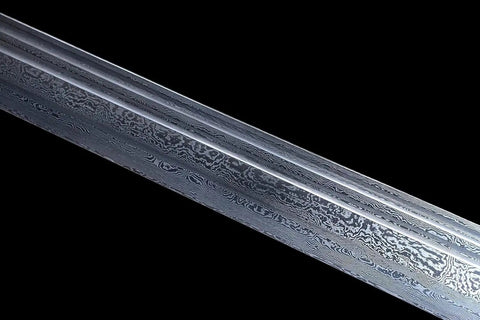 Close-up of Damascus steel blade texture on Beefy Damascus Tang Dao Sword With Black Gold Finish Hand Forged In China Real Premium Blade Full Tang