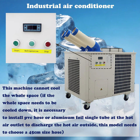 Heavy Duty Industrial Air Conditioner with control panel and dual ducts for air discharge, designed for cooling large indoor spaces.