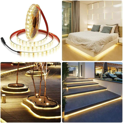 Red LED Light Strip 32.8Ft Waterproof IP65 12V 600 LEDs 5050 SMD On Black PCB indoor outdoor lit ambience scenes