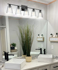Five Light Matte Black Bathroom Vanity Light Fixtures Over Mirror 32.68 Inch Modern Vanity Lights With Clear Glass Shades E26 Base Farmhouse Industrial Wall Sconces Excludes Bulbs in modern bathroom setting