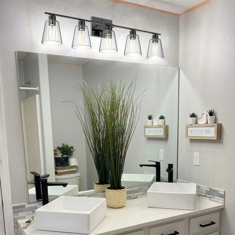 Five Light Matte Black Bathroom Vanity Light Fixtures Over Mirror 32.68 Inch Modern Vanity Lights With Clear Glass Shades E26 Base Farmhouse Industrial Wall Sconces Excludes Bulbs in modern bathroom setting