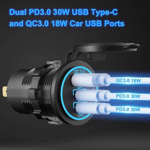 Triple USB Car Charger With Dual PD3.0 USB C Ports And Quick Charge 3.0 Power Switch Fast Charge For Phones And Tablets