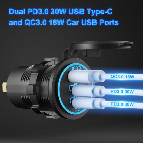 Dual PD3.0 30W USB Type-C QC3.0 18W car USB ports displayed on Five Gang Aluminum Marine Switch Panel With Three USB Ports, 150W Cigarette Lighter Socket, 66W 12V USB Car Charger, Blue LED Voltmeter, Waterproof Rocker Panel For Boats, Trucks, Jeeps, RVs, Trailers, 12V to 24V Systems