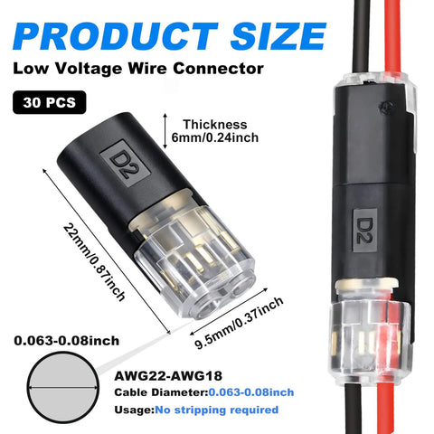 Double Wire Plug In Connector Kit For Low Voltage LED Light Strips With Locking Buckle, 2 Pin Quick Disconnect Connectors For DIY And Repair, Tool Free Easy Cable Insertion, No Wire Stripping Needed, Compatible With 18 To 22 AWG, 30 pcs, 6mm