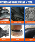 Everyday Shoe Glue For Repairs And No Fuss Quick Flexible Waterproof Adhesive For Insoles Soles Heels And Leather 100Ml Professional Grade Fast Setting Clear Drying Bond That Lasts displayed with shoe repair examples for toe cap, shoe edge, shoe collar, insole, sole, and upper.