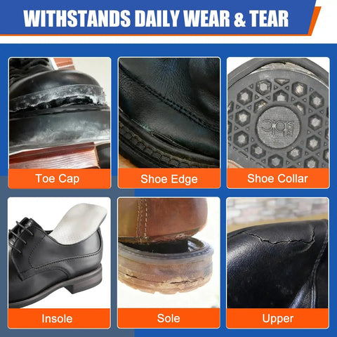 Everyday Shoe Glue For Repairs And No Fuss Quick Flexible Waterproof Adhesive For Insoles Soles Heels And Leather 100Ml Professional Grade Fast Setting Clear Drying Bond That Lasts displayed with shoe repair examples for toe cap, shoe edge, shoe collar, insole, sole, and upper.