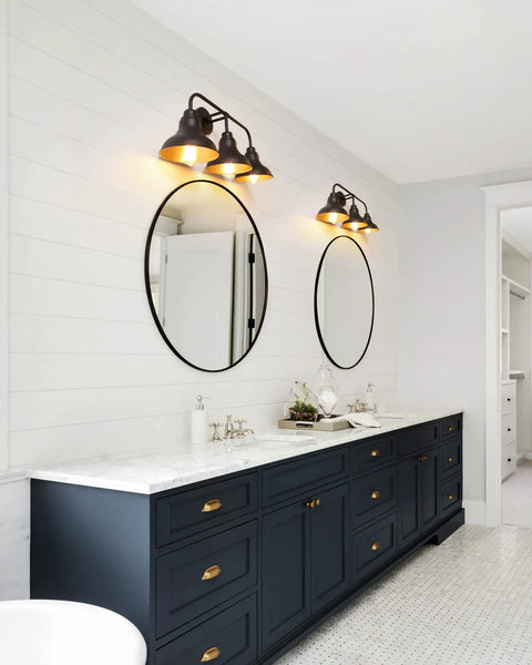 34.25 Inch Farmhouse Four Light Vanity Light In Matte Black Over Mirror Rustic Wall Sconce Fixtures in a modern bathroom