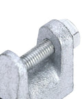 Close-up of zinc plated steel Top Shelf Tough As Nails Beam Clamp showing threaded bolt use for scaffolding and rigging.