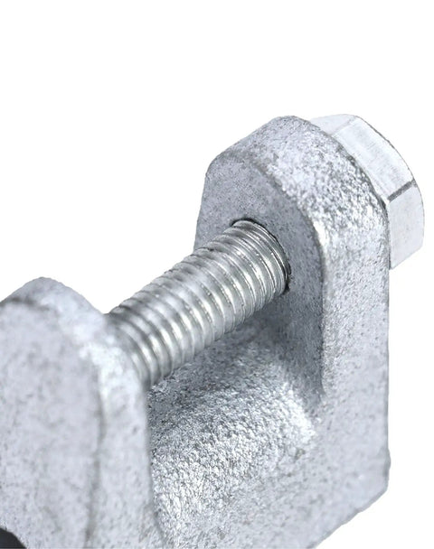 Close-up of zinc plated steel Top Shelf Tough As Nails Beam Clamp showing threaded bolt use for scaffolding and rigging.