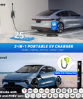 No Fuss Portable Level 2 EV Charger With J1772 Connector For Electric Cars, 25ft charging cable in home and travel settings.