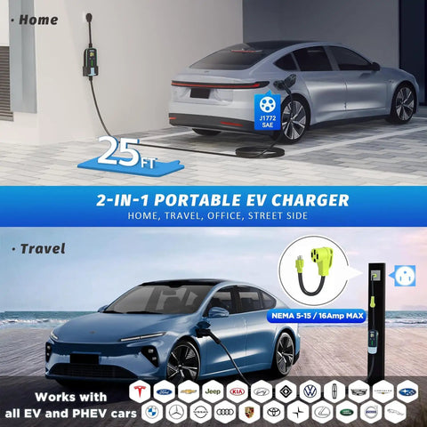 No Fuss Portable Level 2 EV Charger With J1772 Connector For Electric Cars, 25ft charging cable in home and travel settings.