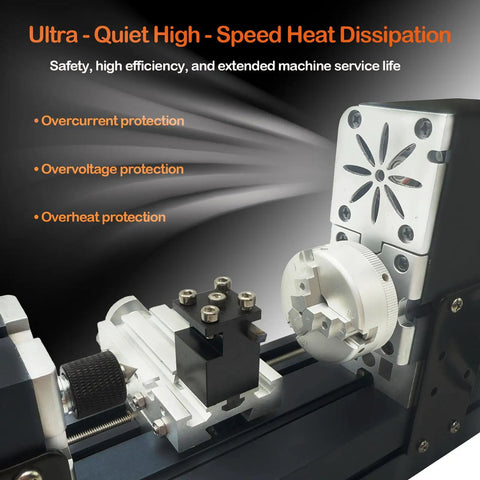 EssSthmy Height Enhanced Mini Lathe Machine 50mm Center Height features overcurrent and overheating protection.