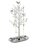 Dope Tree Tower Jewelry Rack With Metal Tray showing rings and necklaces, made of metal with bird detail, on a white background