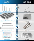 Comparison of 180 Piece Premium 304 Stainless Steel Cotter Pin Set with six sizes and durable box against single size with no box.