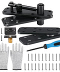 Heavy Duty Hidden Door Hinge Kit For Secret Doors And Bookcases With 570 Lbs Load Capacity In Solid Stainless Steel Silent Operation And 360 Degree Pivot Complete Installation Set By Ptazucv, includes hinges, screws, screwdriver, and gloves.