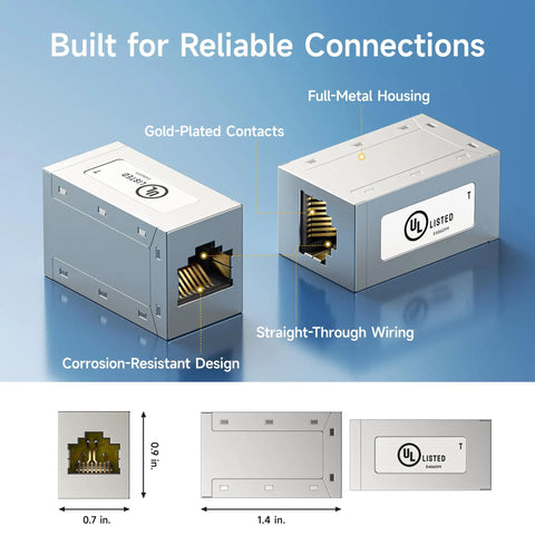 Five Pack Shielded Cat6a Ethernet Couplers Female To Female Extender Adapters For 10Gbps Networking Pro Grade Plug And Play With Gold Plated Contacts Cat6 And Cat5e Compatible showing details and dimensions