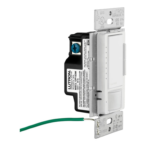 Side view of LED Plus Dimmer With Vacancy Sensor For Single Pole And Multi Location Install Auto Off When Room Is Empty Go To LED Dimming Performance White Finish Great For LED Bulbs VP153M WH with wiring visible