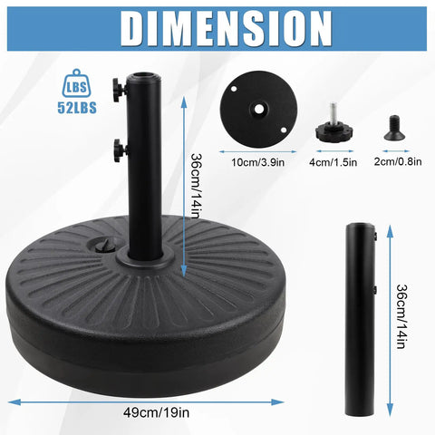 Heavy Duty Outdoor Umbrella Base Stand With Water Or Sand Fill 50 Lb Weight Capacity 20 Inch Black Base, dimensions shown