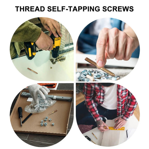Four images of Heavy Duty Double Head Self Tapping Screws For Wood And Furniture Woodworking Hanger Bolts in use for various projects.