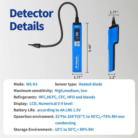 WISSCOOL HVAC leak detector handheld blue unit with LCD display and flexible probe for halogen refrigerants