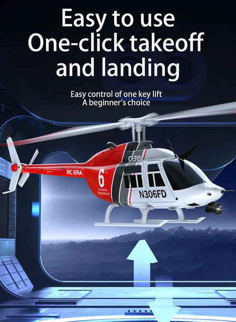 C138 RC Helicopter 2.4G 6CH 6-Axis Gyro Altitude Hold Ready To Fly RTF With 3D Roll in flight with takeoff and landing text.
