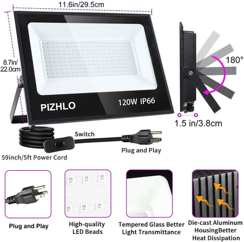 2 Pack 120W LED Black Light Flood Light With Plug And Switch IP66, dimensions and features labeled, focus on plug and light components