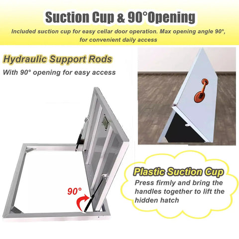 Heavy Duty Hidden Floor Access Panel Hatch Camouflaged Cellar Door For Concealed Basement Entry And Legit Load Bearing Garage Cover With Built Tough Frame And Easy Trim Customizable Sizing For Tight Spot On Fit, showing 90-degree opening with suction cup.