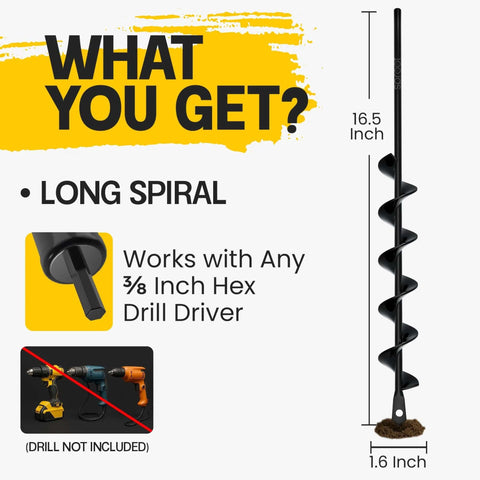 Sproot Garden Auger Drill Bit, 16.5 in long x 1.6 in diameter, black steel with 3/8 in hex drive for planting