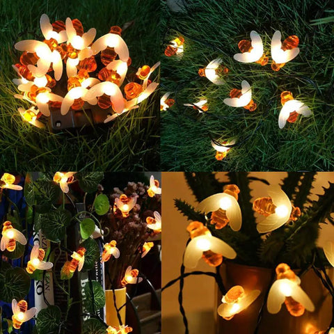 Bee String Lights 2 Pack, 17 Ft Each, 60 LED Copper Wire Fairy Lights illuminating gardens and indoor plants, cozy vibe