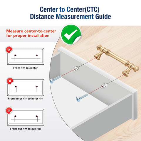 Installation guide for Brushed Brass Cabinet Handles 10 Pack 3 Inch Hole Centers Zinc Gold Drawer Pulls showing measurement instructions.