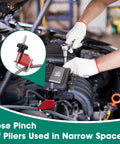 Mechanic uses 4 Piece Hose Pinch Off Pliers Set for Automotive Brake Line Clamps and Fuel Lines in engine maintenance