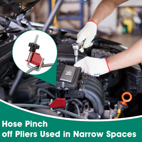 Mechanic uses 4 Piece Hose Pinch Off Pliers Set for Automotive Brake Line Clamps and Fuel Lines in engine maintenance