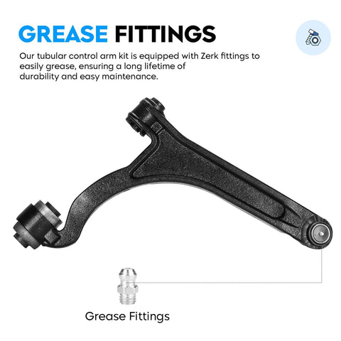 Front lower control arm for Chrysler Pacifica, black metal with ball joint at one end, side view