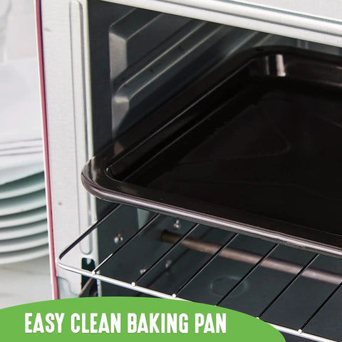 Pink Mini Oven With Healthy Ceramic Nonstick Coating, interior view with aluminized stainless steel rack and chrome pan handle