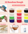 12 containers of random colored dough, safe and soft, for creative play; images of wheat flour, salt, and water also visible.